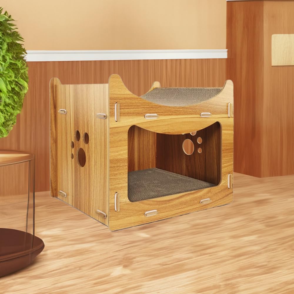Record griffoir pour Chat Pagoda en Bois et Carton avec Herbe à Chat – Structure rectangulaire 45 x 30 x 35h – Niche Confortable – Couleur La Havane