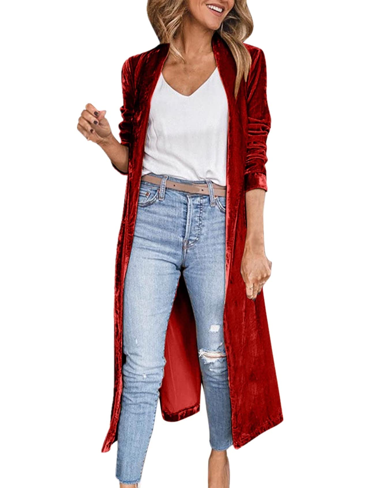 Womens Long Velvet Cardigan Jacket Lapel Collar Open Front Vintage Cardigan Sweater with Pocket