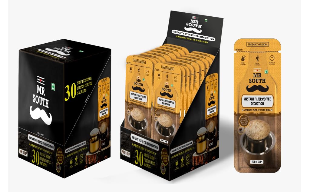 Mr South Quick Filter Decoction Liquid, Flavoured Instant Coffee | Pack Of 30 Sachet (20Ml Each) | 70% Coffee & 30% Chicory | Arabica & Robasta Beans | Delicious Coffee Anytime