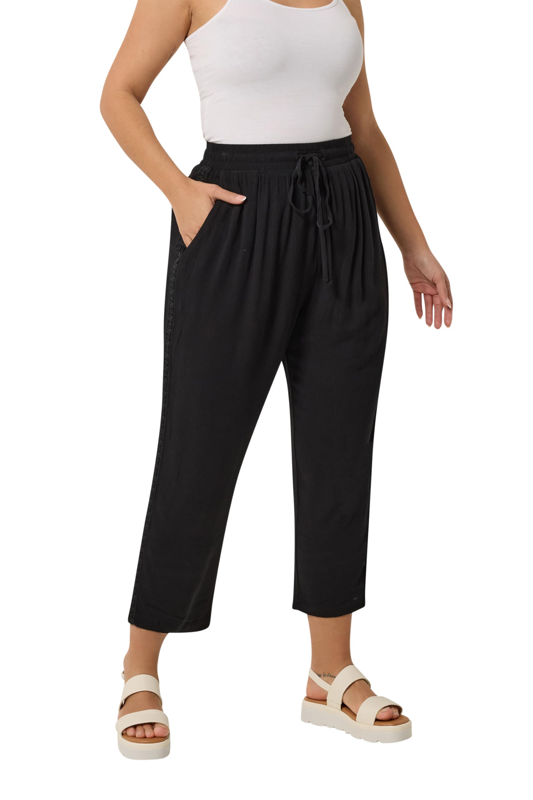 Yours Women's Black Crochet Side Cropped Trousers In | : 22/24