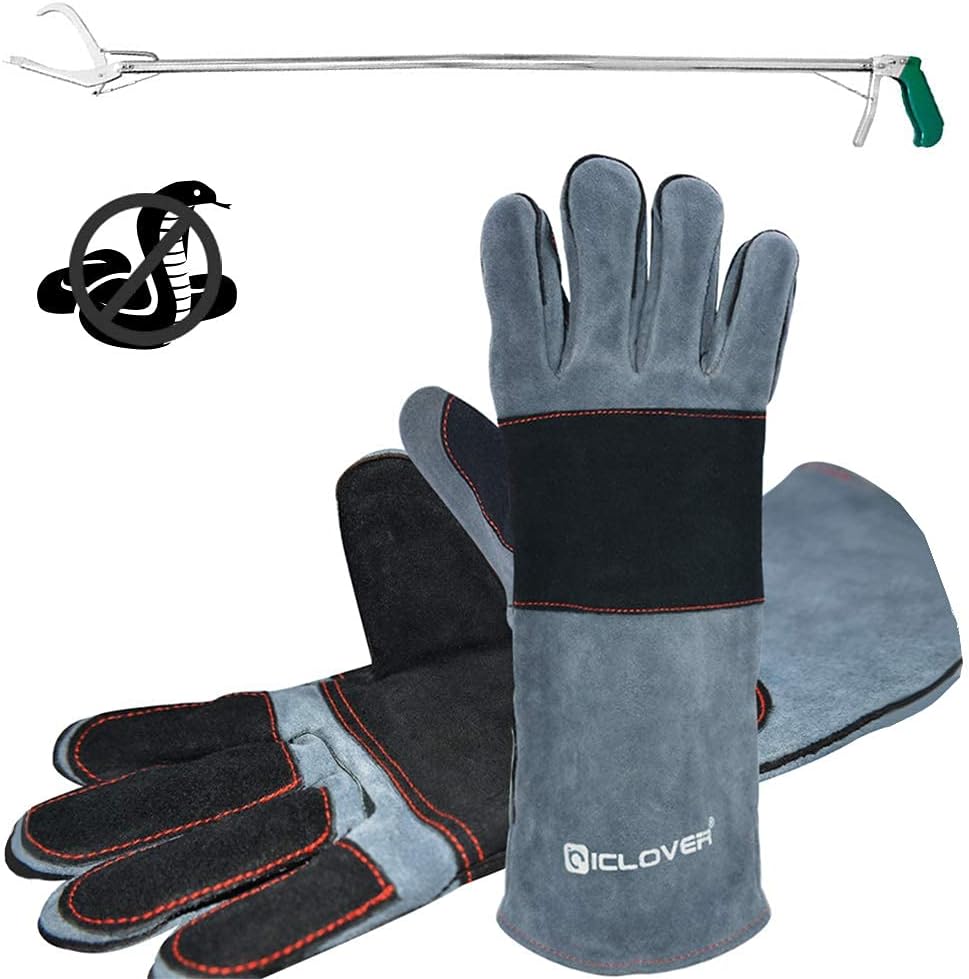 IC ICLOVER 47 Inch Snake Tongs+Animal Handling Gloves, Heavy Duty Standard Reptile