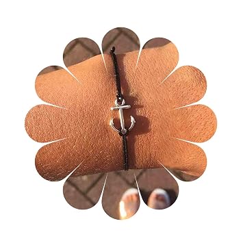 Boho Layered Leather Bracelet Black Cord Anchor Bracelet Adjustable Wax String Bracelet Sailor Bracelet Hand Chain Jewelry for Women Silver