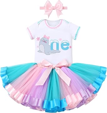 ODASDO Arctic Animal Themed Baby Girl First Birthday Party Cake Smash Outfit Cotton Romper Tutu Skirt Headband 3pcs Set