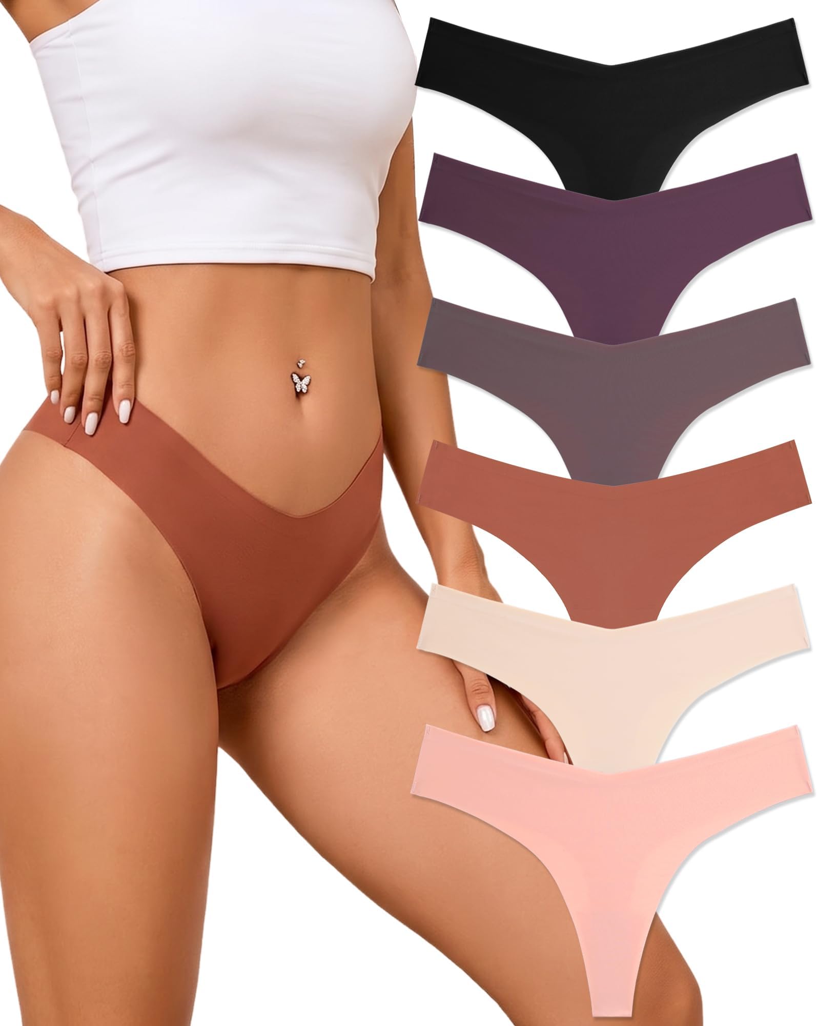 Seamless Thongs for Women Sexy No Show Panties Invisible V-waisted Stretch Ladies Underwear 6 Pack