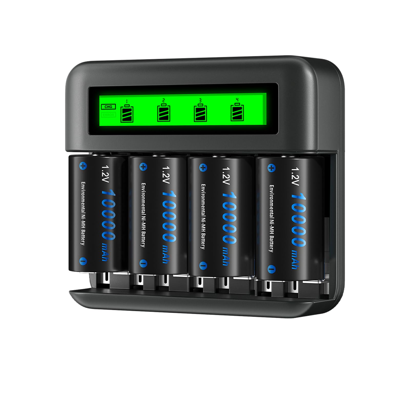 CITYIRK Rechargeable D Batteries with Charger, 4 Pack 10000mAh D Size NiMH Battery with Smart LCD Universal Battery Charger for Ni-MH/Ni-CD AA AAA C D