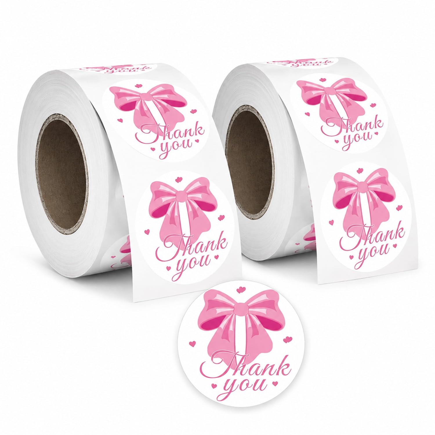 2 Rolls of Thank You Stickers, 500PCS Self Adhesive Round Sealing Labels Thankyou Stickers Roll, Pink Bow Pattern Sticker Roll for Envelopes Gift Wrapping