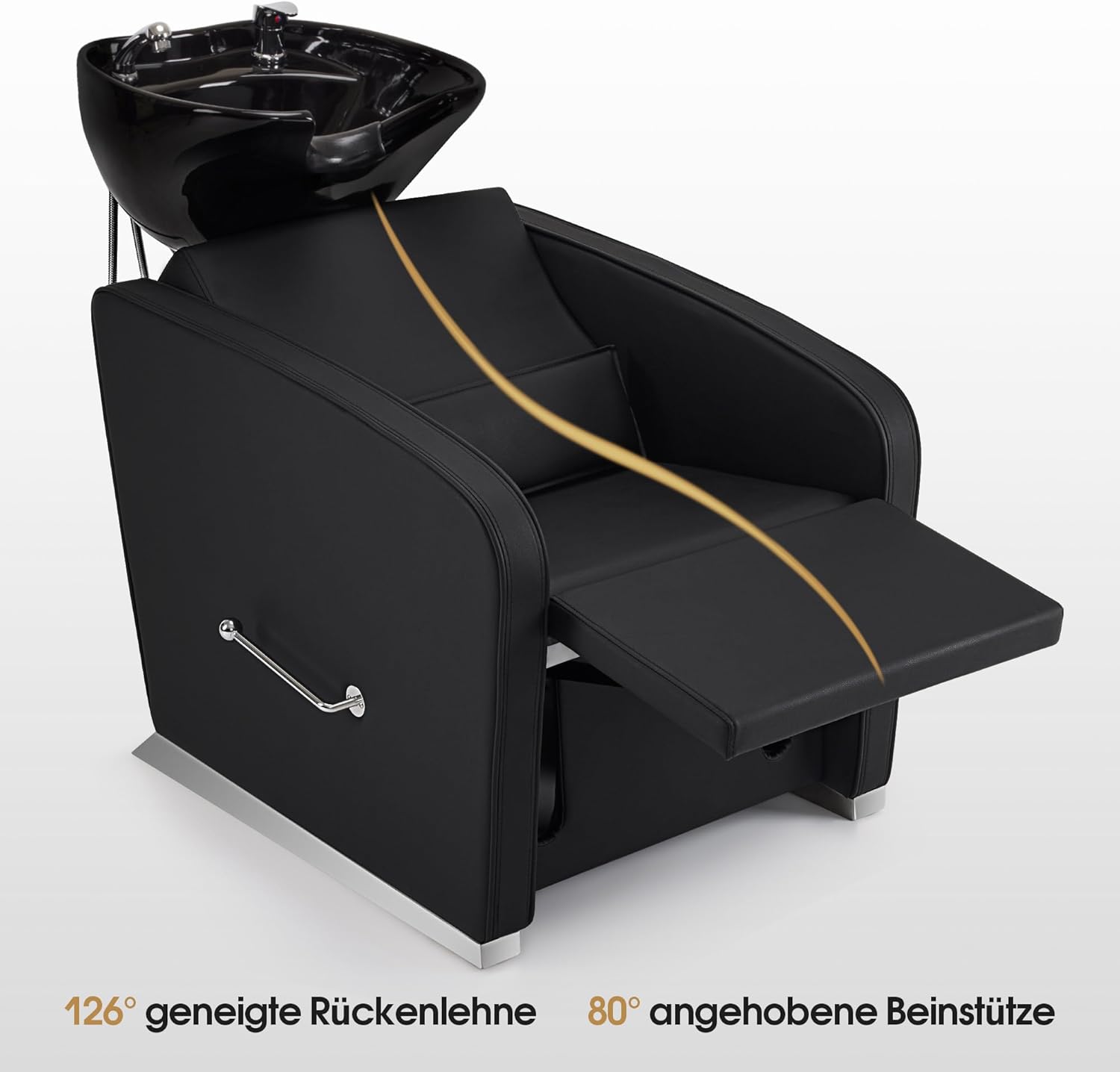 The hairdressing chair with its backrest reclined to 126 degrees and the leg rest raised to 80 degrees for client comfort.