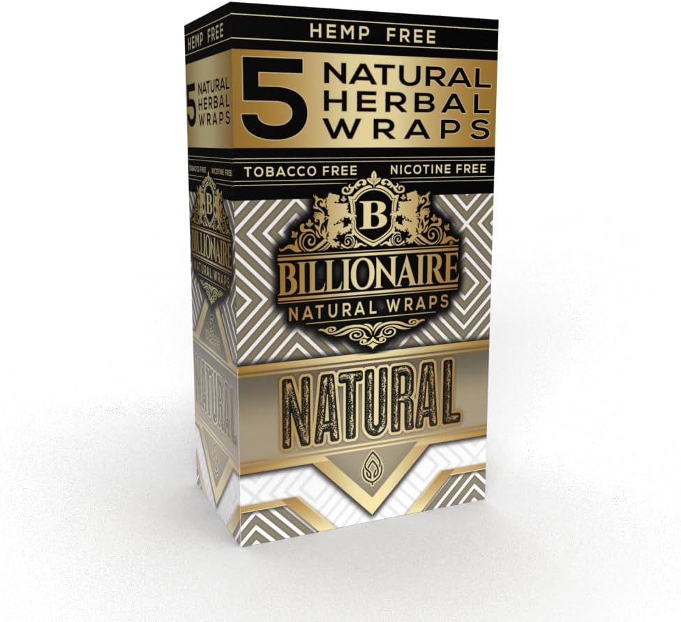 Billionaire Natural Herbal Wraps - Natural Flavor - Tobacco Free - Nicotine Free - Made from Non GMO Black Tea Leaves (25 Packs Per Box - 5 Wraps Per Pack - Total 125 Wraps)