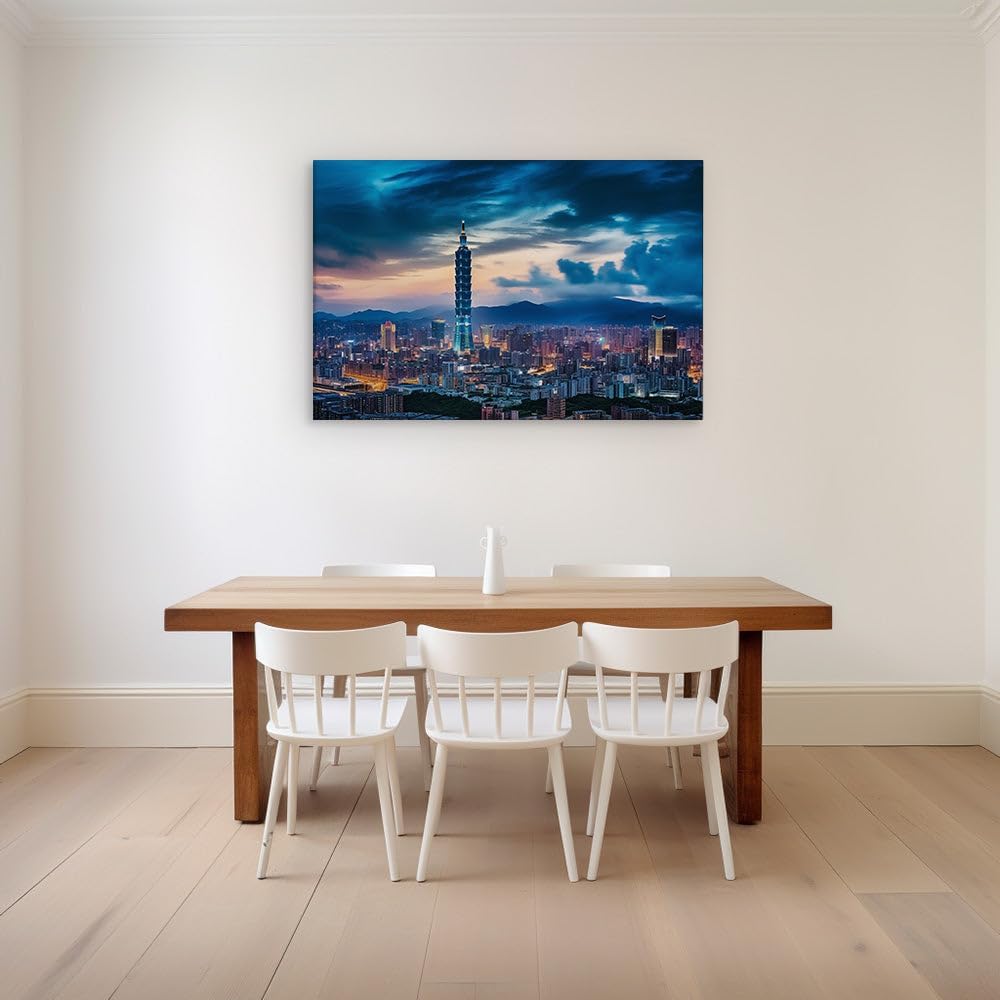 Canvas for Living room. Twilight Brilliance Over Taipei: A Cityscape of Serene Illumination, 27 x 18 inch Canvas Wall Art - Contemporary Masterpieces - Modern Home Decor