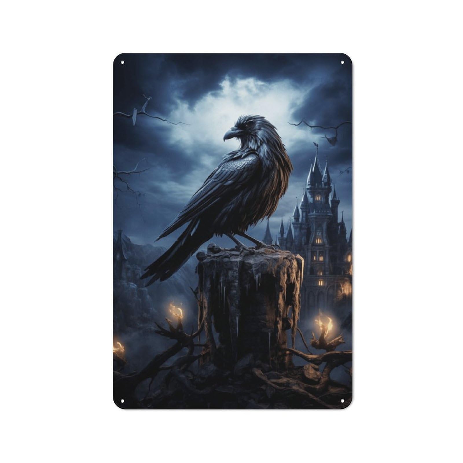 Junmoney Style-3 For Garden Room Or Summerhouse, Dark Fantasy Raven Castle Art Print Retro Metal Sign 30X20cm, For Metal Sign Collectors, For Vintage Wall Decor Fans