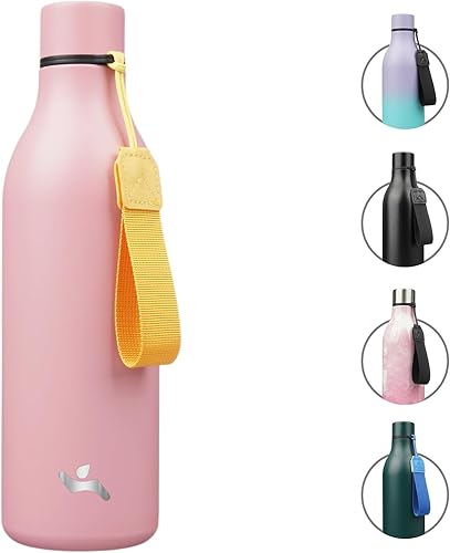 Botella de agua con correa y aislamiento térmico, de doble pared al vacío de acero inoxidable, 25 fl oz, rosado claro