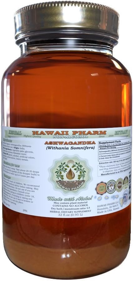 Hawaii Pharm Ashwagandha Alcohol-Free Liquid Extract, Ashwagandha (Withania Somnifera) Dried Root Glycerite Natural Herbal Supplement 2x2 oz