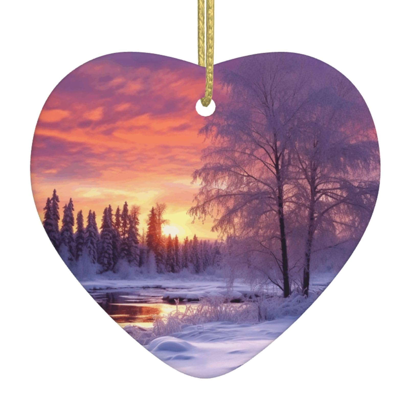 Ceramic Christmas Tree Hanging Ornaments with Gold Ropes Christmas Tree Decorations Heart Ceramic Winter Landscape Pendant Keepsake Decorations for Holiday Xmas Gift Ideas