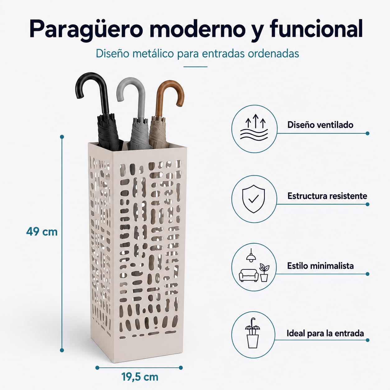 NORDIQ Paraguero Metálico Diseño Lineal Beige Elegante y Funcional para Entrada Oficina