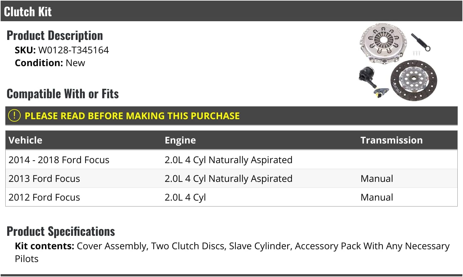 Clutch Kit - Compatible with 2012-2018 Ford Focus 2.0L 4-Cylinder