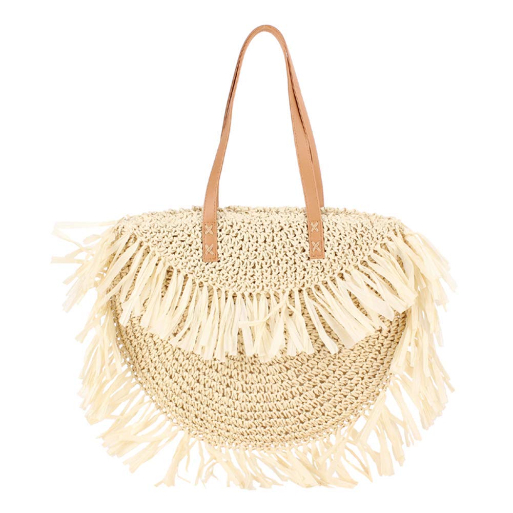 Straw Shoulder Bag, Straw Handbag Women Handmade Straw Summer Beach Sea Round Fringed Purse Wallet