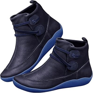Flat Ankle Boots for Women Comfortable Lightweight Round Toe Leather Booties Lace Up Pull On Short Boots Fall Winter Waterproof Non-Slip Walking Boot