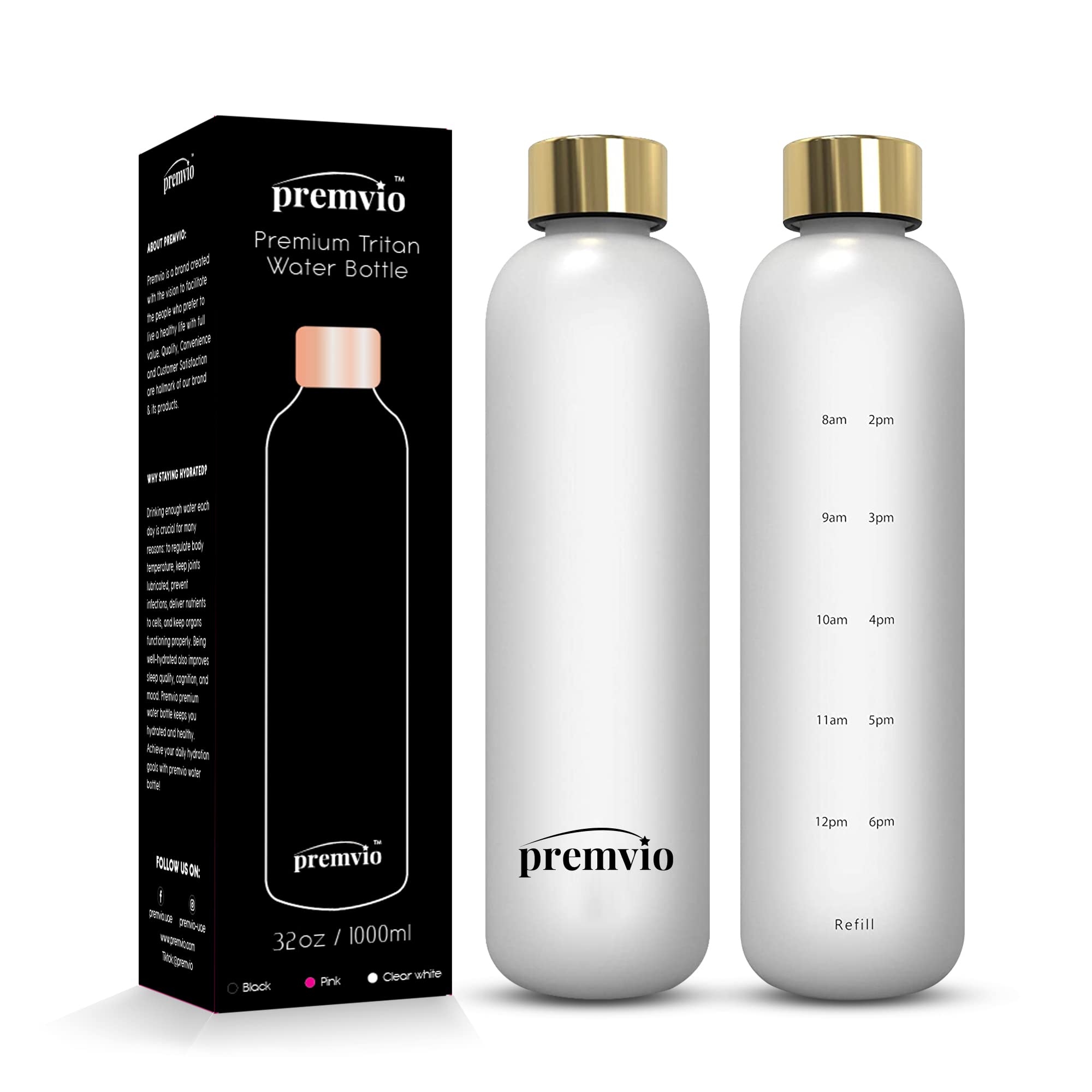 PremvioPremium Tritan Bottle Water Bottle With Time Markers - Motivational Water Bottle Leak Proof - BPA Free - Gym, Sports, Outdoors 32oz, Clear white