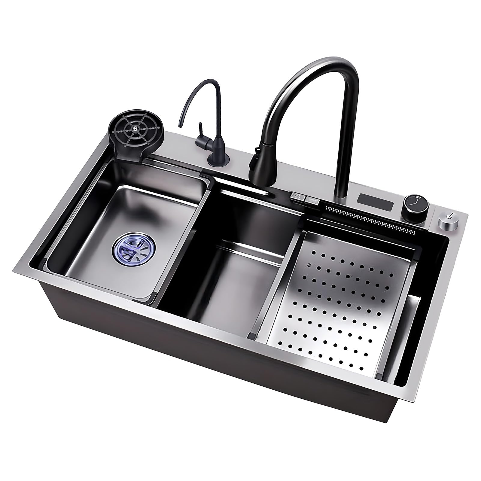 ZQFHSX Waterfall Drop In Kitchen Sink, Workstation Sink With Pull Out Faucet, Stainless Steel Bar Multifunction Single Bowl Smart Glass Washer, Drain Kits(68x46x22cm)