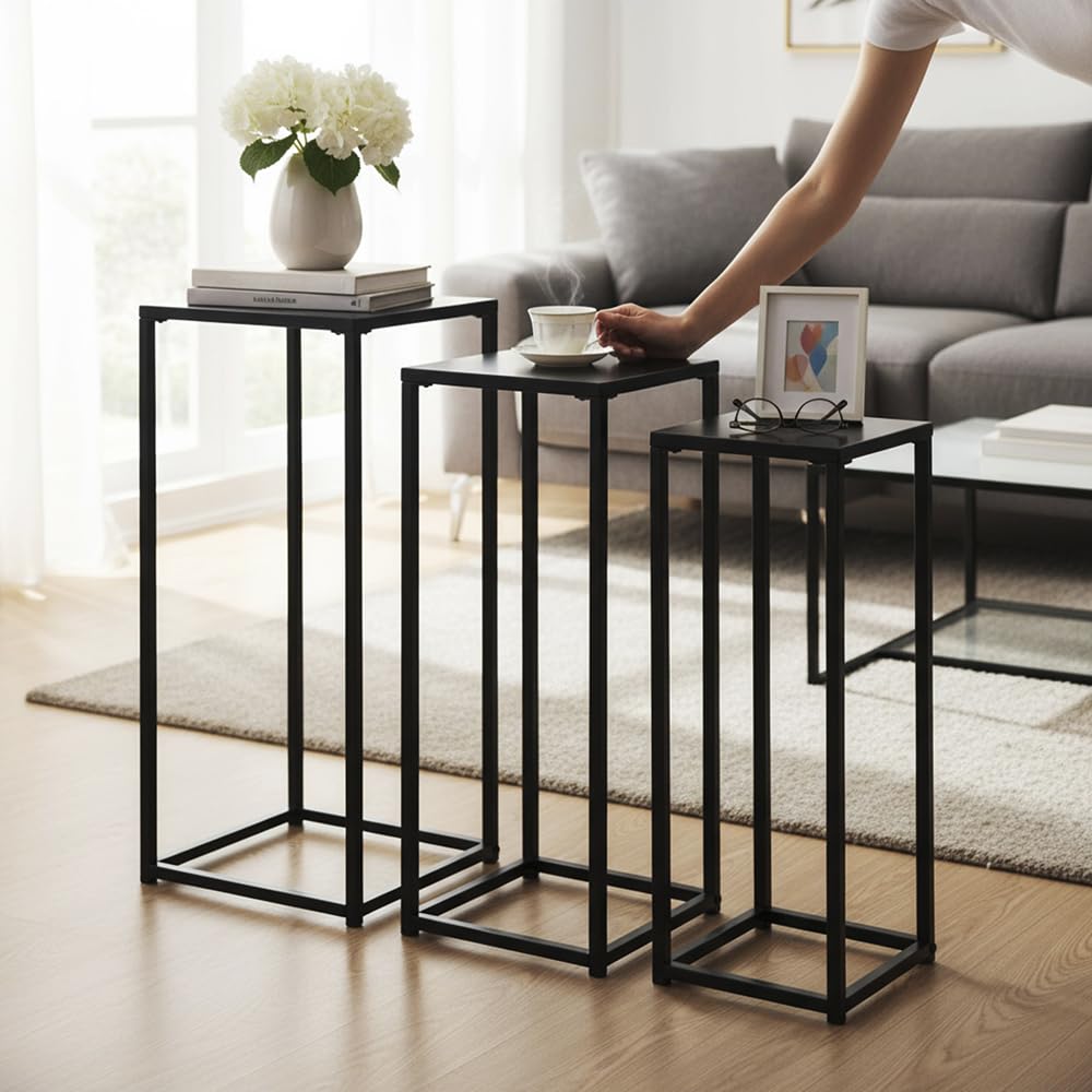 HAKU Lot de 3 Porte Plantes Noir, Métal - Dim.: L 22/30/30 x H 61/66/71 x P 22/26/30 cm, Style: Modern