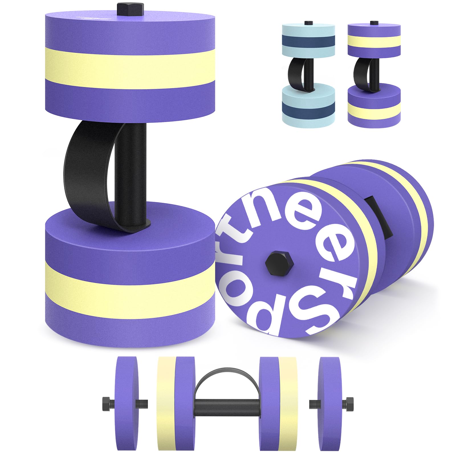 Sportneer Aquatic Exercise Dumbbells Water Weights, Aqua Aerobics Workouts Set of 2, EVA Foam Pool Weights Dumbbells Set Water Training Aqua Fitness Equipment (Purple-yellow, Adjustable L)