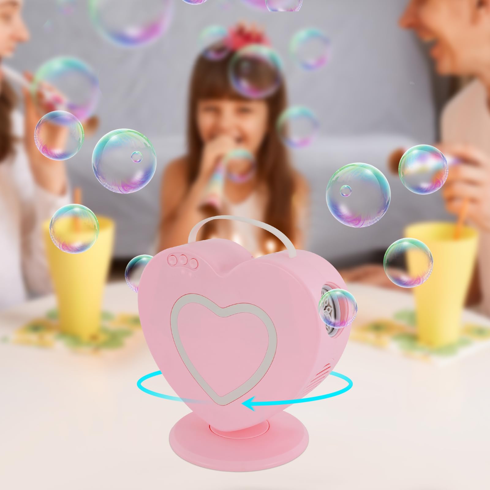 Seifenblasenmaschine in Herzform, automatische Seifenblasenmaschine, Seifenblasenmaschine mit 360° Drehung für Kinder (Pink)