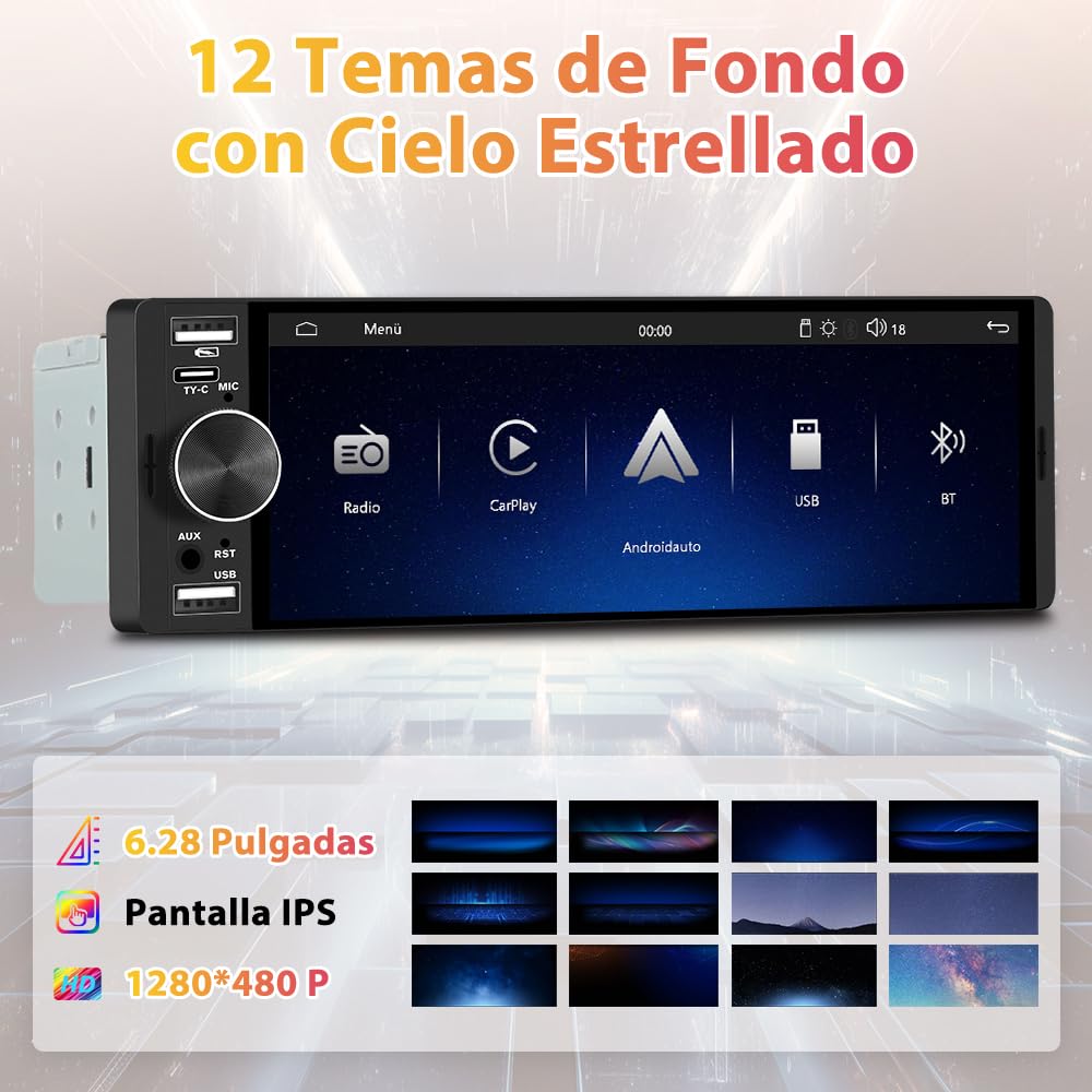 Junsun Radio Coche Universal 1 DIN con 6.36 Pulgadas Pantalla Táctil, con CarPlay/AndroidAuto/Admite