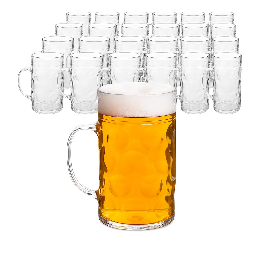 Bar@Drinkstuff Transparent Plastic Beer Stein – German-Style 2-Pint (1 L) Polystyrene Tankard Mug With Handle – Reusable, Rigid, Dimpled Finish – Ideal For Festivals, Outdoor Events & Bars (24)
