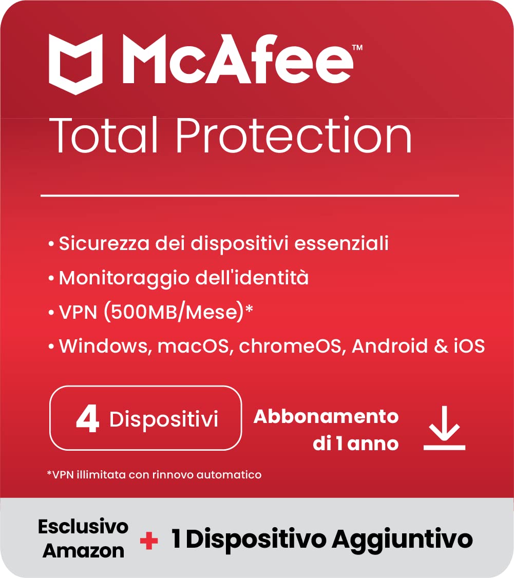 McAfee Total Protection 2024, 5 dispositivi Antivirus, VPN, gestore password, Internet Security e dispositivi mobili PC/Mac/iOS/Android Abbonamento di 1 anno Codice di attivazione via e-mail