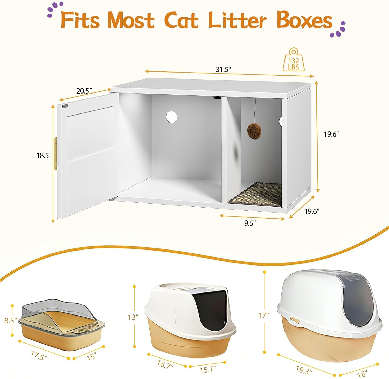 Cat Litter Box Enclosure, Hidden Litter Box Furniture with Door & Bell, Pet House Fit Most of Litter Box, White