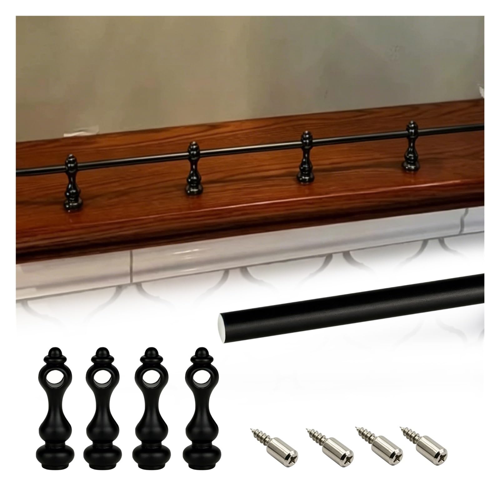 Shelf Decor Guardrail Set 20-158 cm, Dressing Tables Bedroom Flexible Anti-Fall Railing for Kitchen & Wine Rack Organizer，Custom Aluminum Cabinet Fence with Spindles(Black,L 58.3"/148cm)