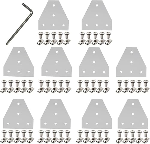 10 piezas 2020 placa de unión de placa de unión de aluminio en forma de T, conector de extrusión de aluminio de 5 agujeros con 50 tuercas en T, 50