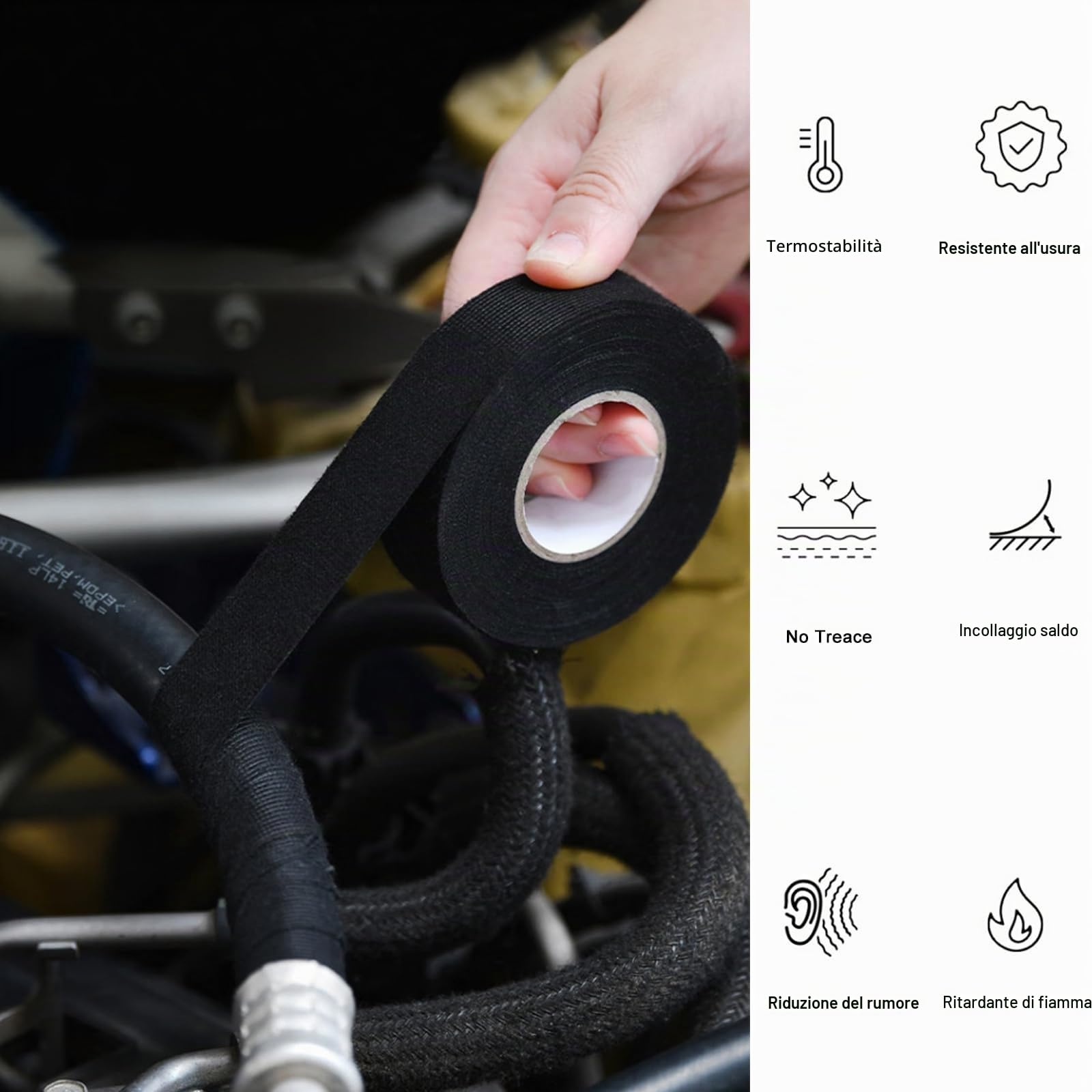 Diompirux 4 pezzi Nastro Isolante in Tessuto,nastro tessile autoadesivo per cablaggi,Nastro in Industriale,Nastro Adesivo Telato Nero per Fili a Vista-Auto,Moto e Cavi(19 mm x 15 m)