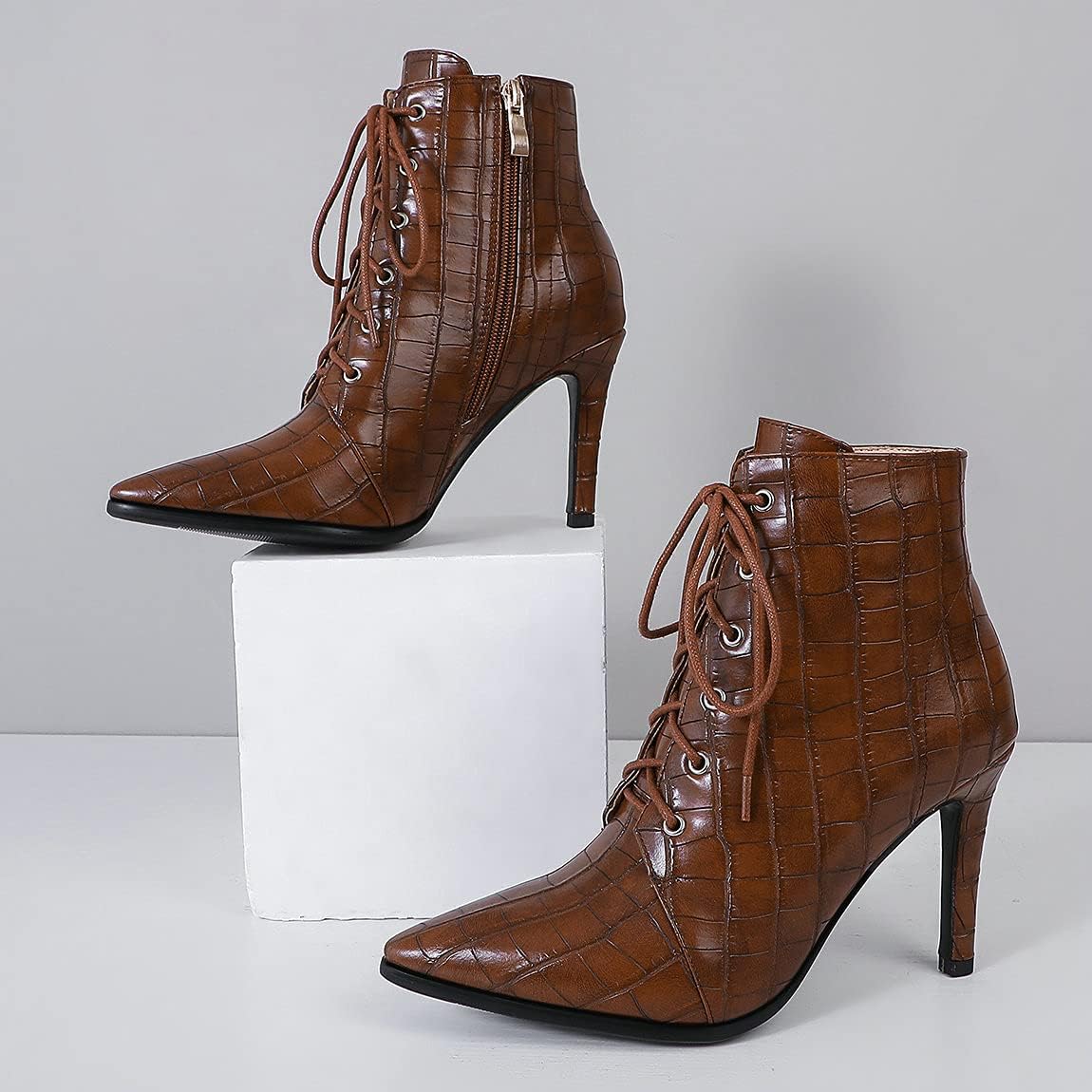 Trendenzy Womens High Heel Stiletto Lace Up Ankle Boots Pointed Toe Booties