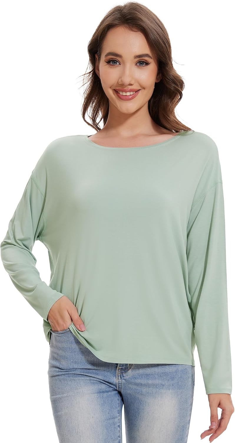 Womens Long Sleeve Shirts Loose Fit Tops Fall Basic Tees Casual Knitted Viscose from Bamboo Top S-XXL