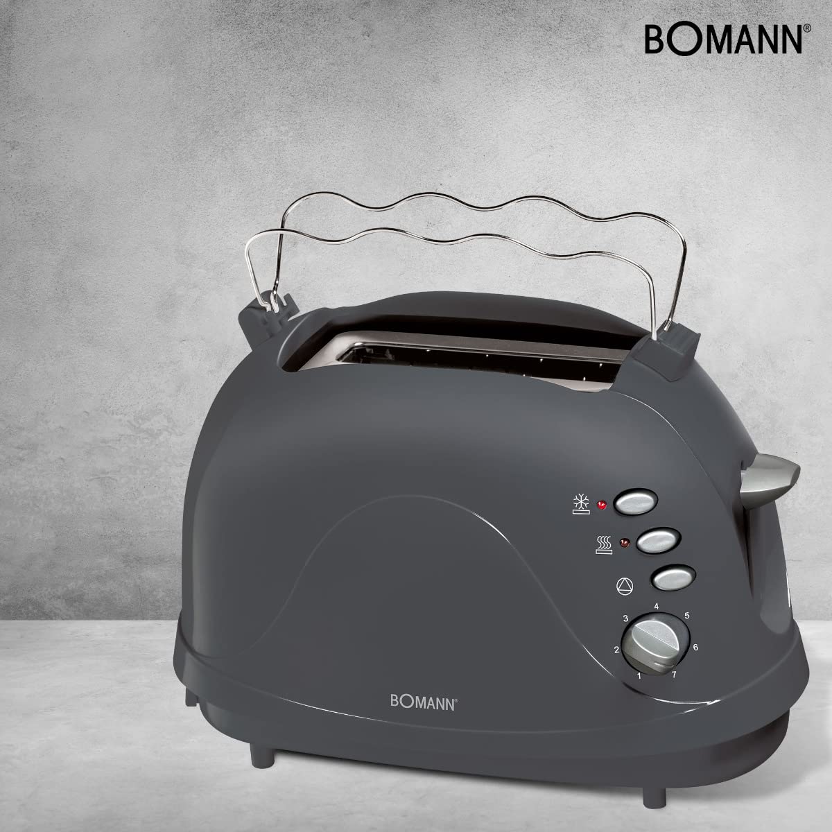 Bomann, TA246CB-gris, Grille Pain, Toaster automatique, Grille-pain à 2 tranches-600/700 W, décongélation, toaster et réchauffage, tiroir ramasse-miettes amovible, Gris