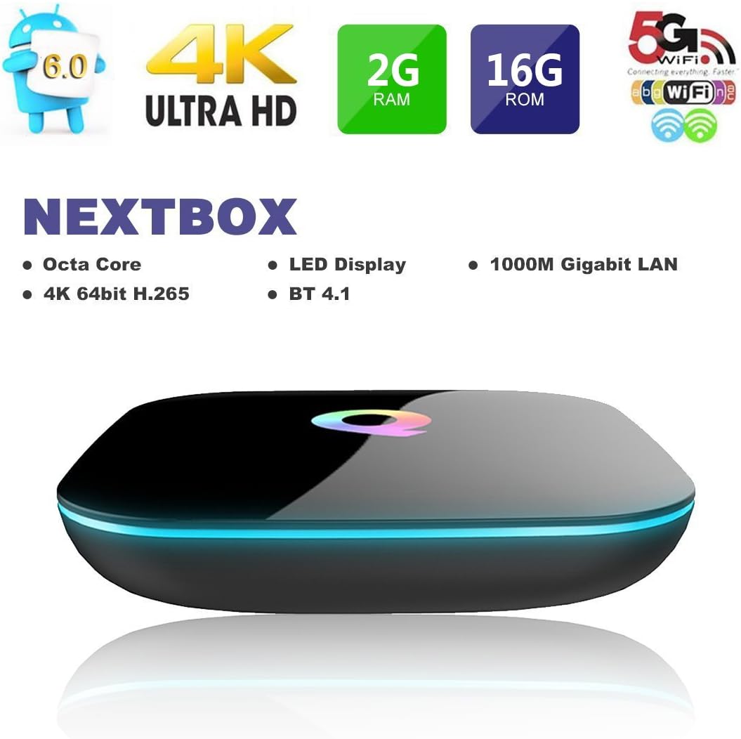 Smart Android TV Box ,QBOX 2017 Model Android 6.0 TV Box Amlogic AmlogicS905X 2GB RAM 16GB ROM Smart TV Box With Quad Core A53 Processor 64 Bits, HDMI 2.0 Output Support 4K*2K@ 60HZ Full HD,H.265,WIFI 2.4Ghz,1000M For Home Entertainment