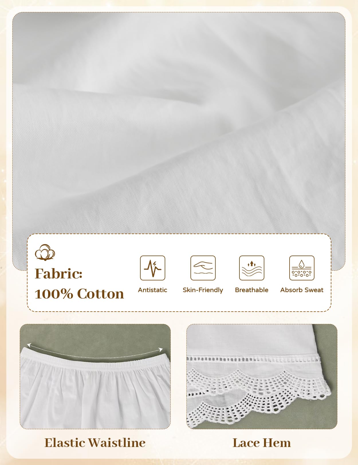 BEAUTELICATE Sottogonna in Cotone Corta Antistatico Sottoveste con Pizzo Smerlato Elastico in Vita Avorio 60cm 80cm
