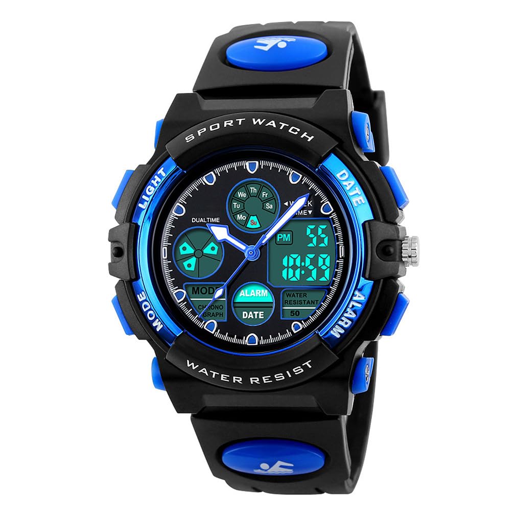 eYotto Kids Sports Watch Waterproof Boys Multi-Function Analog Digital Wristwatch LED Alarm Stopwatch Blue
