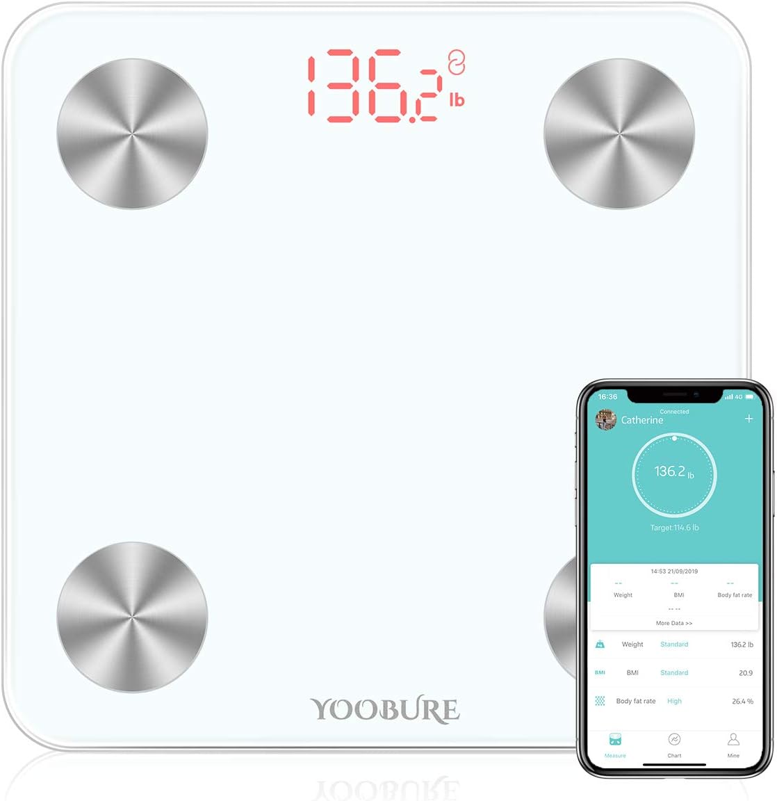 Bluetooth Body Fat Scale, Smart Digital Bathroom Weight Scale with Tempered Glass Platform, Body Composition Analyzer Health Monitor Fat, BMI, BMR, Muscle Mass