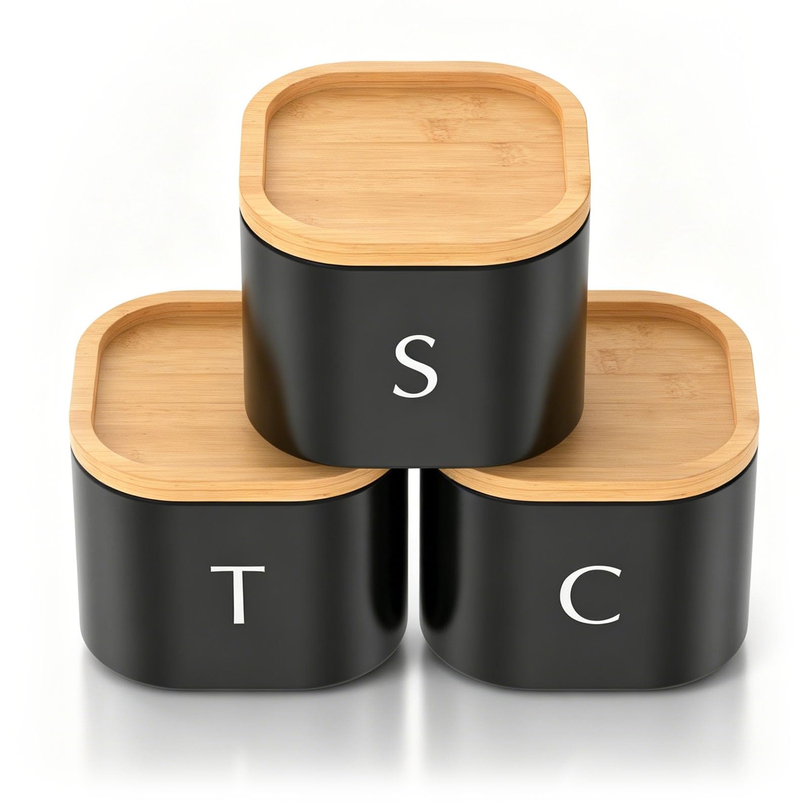 WAMEITF 3 Pack Stackable Coffee Tea Sugar Container Set, Square Kitchen Canister Tins with Bamboo Lids, Countertop Storage Jar for Coffee Beans, Tea, Sugar, Flavourings, Cereals, Snacks(Black)
