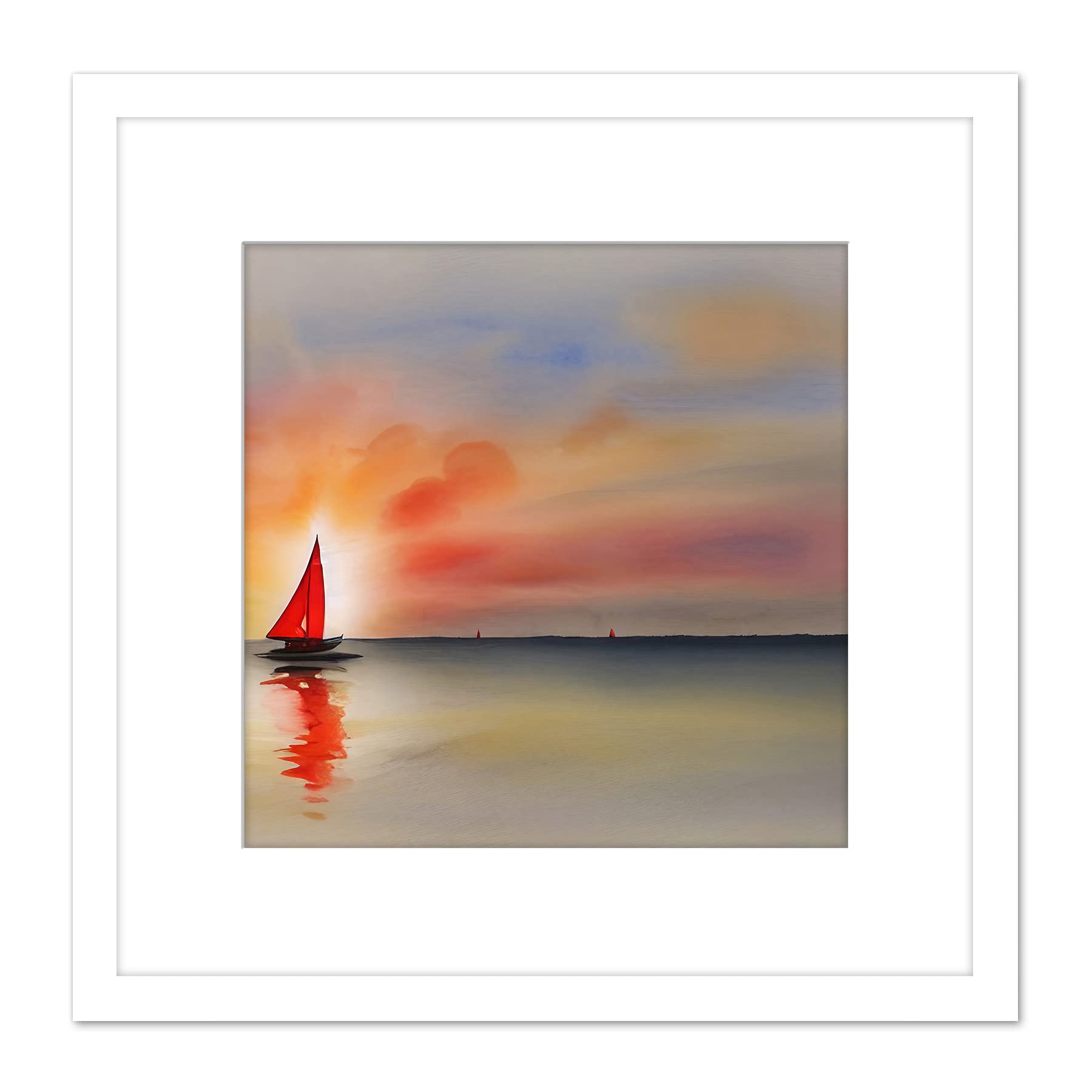 Wee Blue Coo Framed White 8X8 Into The Sunset Watercolour Sailing Red Sail Boat On Calm Sea Square Wooden Framed Wall Art Print Picture 8X8 Inch