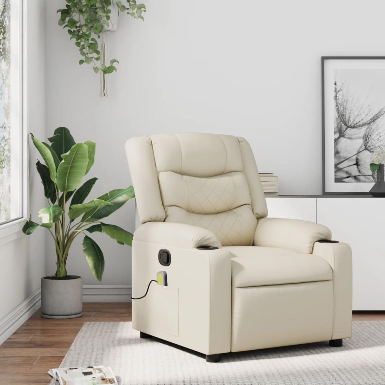 Fotel do masażu, kremowy, ergonomiczny fotel relaksacyjny z uchwytami na napoje, sztuczna skóra, 77 x 149,5 x 79 cm (pozycja leżąca), dla dorosłych