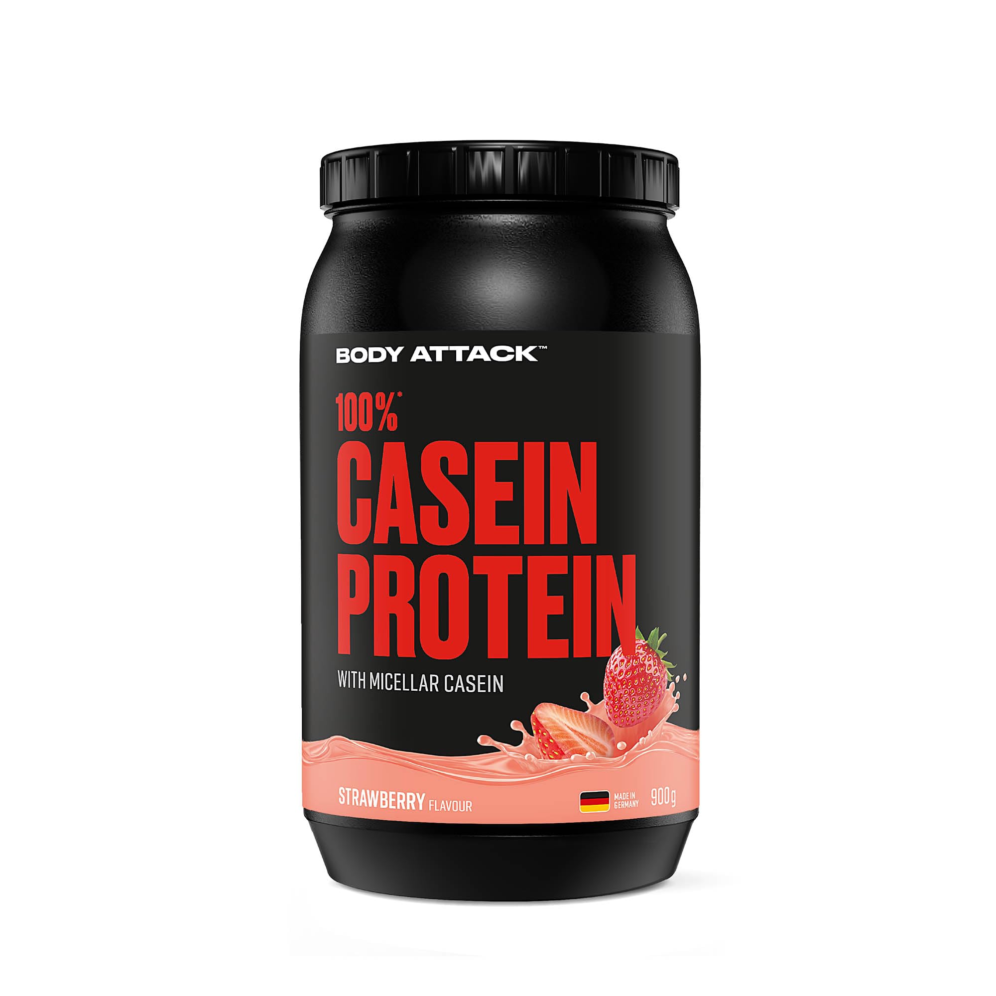 Body Attack 100% Caseine Proteine, Acides aminés-Proteines musculation, Low Carb - Prise de masse -Pour sportifs, athlètes et les personnes soucieuses de leur silhouette-900g protein powder- fraise