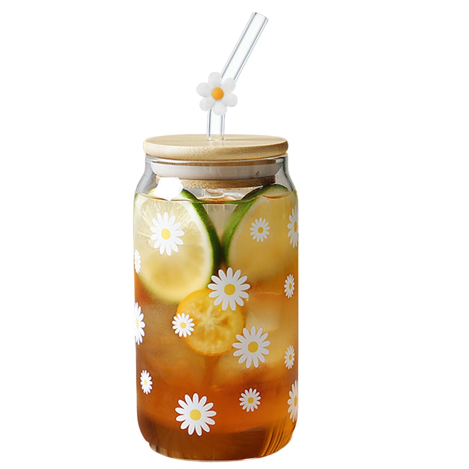 ESYFOR Iced Coffee Cup with Straw and Lid, 16 Oz Coffee Glass Cups White Flowers Durable Leakproof Tumbler Aesthetic Drinking Glass for Iced Bubble Tea Water