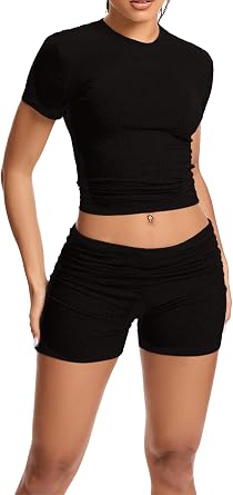 qfmqkpi Women Workout 2 Piece sets Short Sleeve Tops Slim Foldover Shorts Matching Gym Outfits Tracksuit