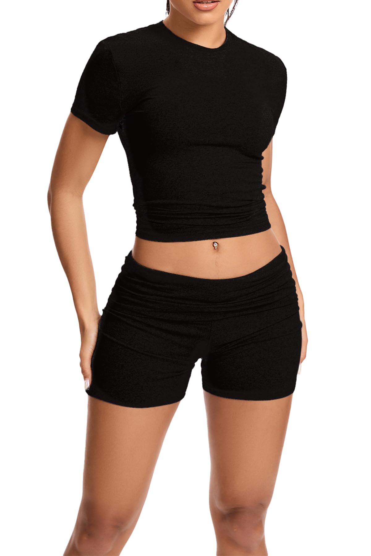 qfmqkpi Women Workout 2 Piece sets Short Sleeve Tops Slim Foldover Shorts Matching Gym Outfits Tracksuit