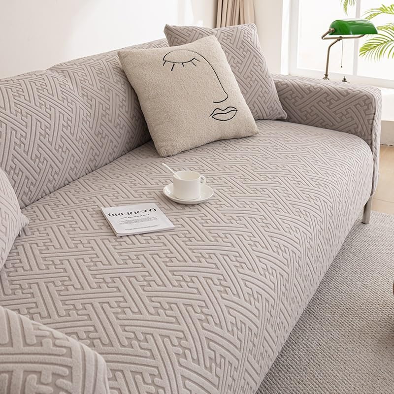 Housse canapé 5 places luxe en velours épais gris extensible pour grand salon