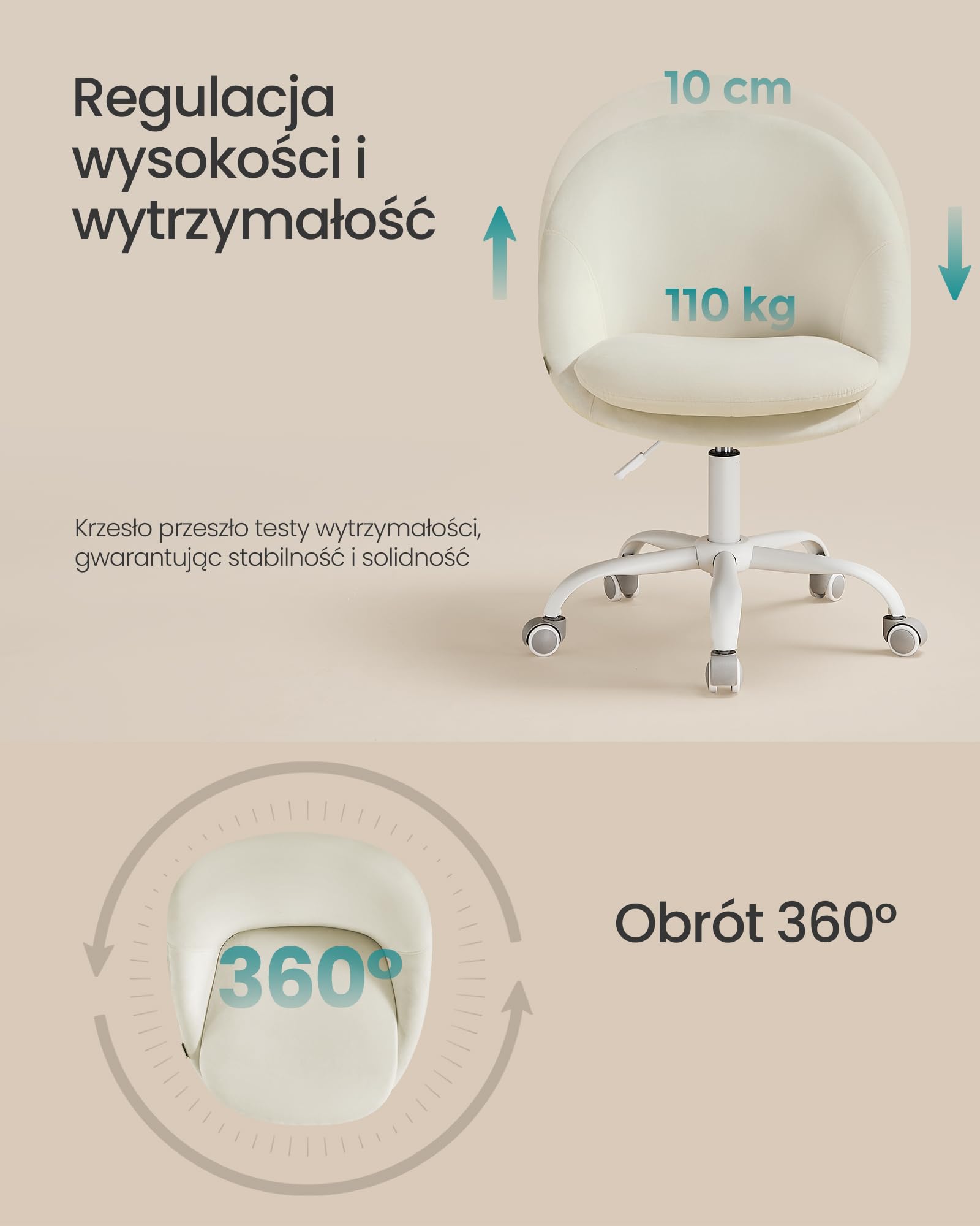 SONGMICS Krzesło biurowe, krzesło obrotowe, krzesło biurkowe, aksamitny przód, piankowa wyściółka, regulowana wysokość, do domowego biura, gabinetu, sypialni, Cloud White OBG020WD02