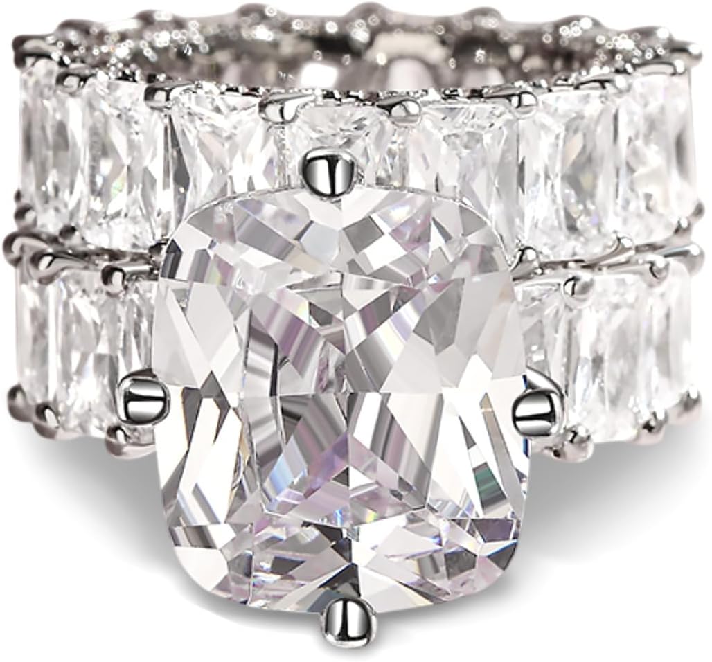 Jeulia Cushion Cut Three Sided Pave Sterling Silver Eternity Ring Cubic Zirconia Art Deco Halo Wedding Engagement Anniversary Rings Set